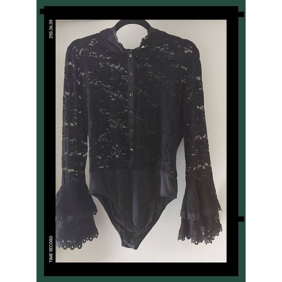 NWT~CQ by CQ Black Lace Ruffle Accent BodySuit Size Large - Picture 1 of 3